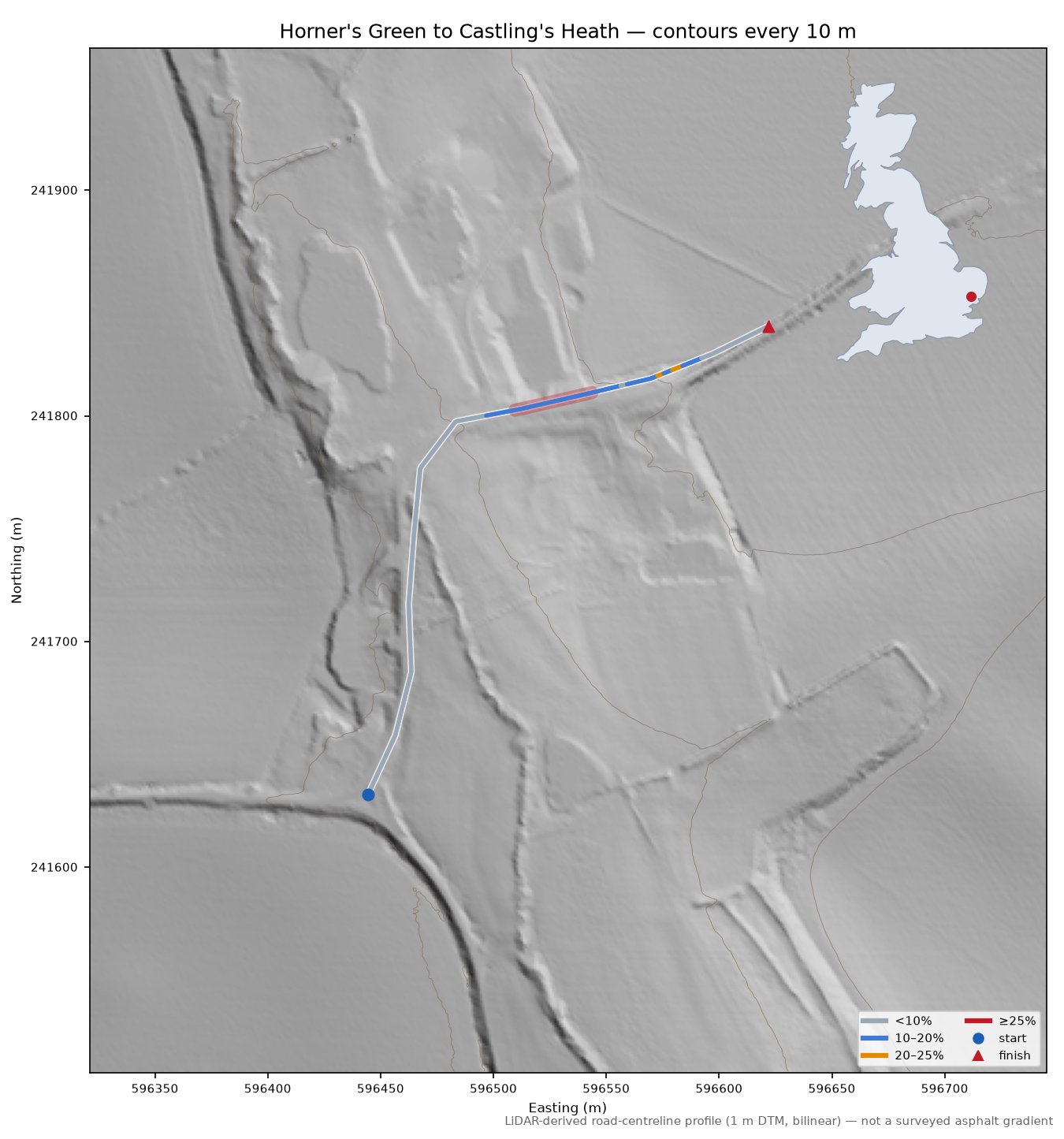 Horner's Green to Castling's Heath LiDAR hillshade map with contours