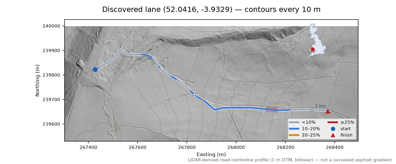 Discovered lane (52.0416, -3.9329) LiDAR hillshade map with contours