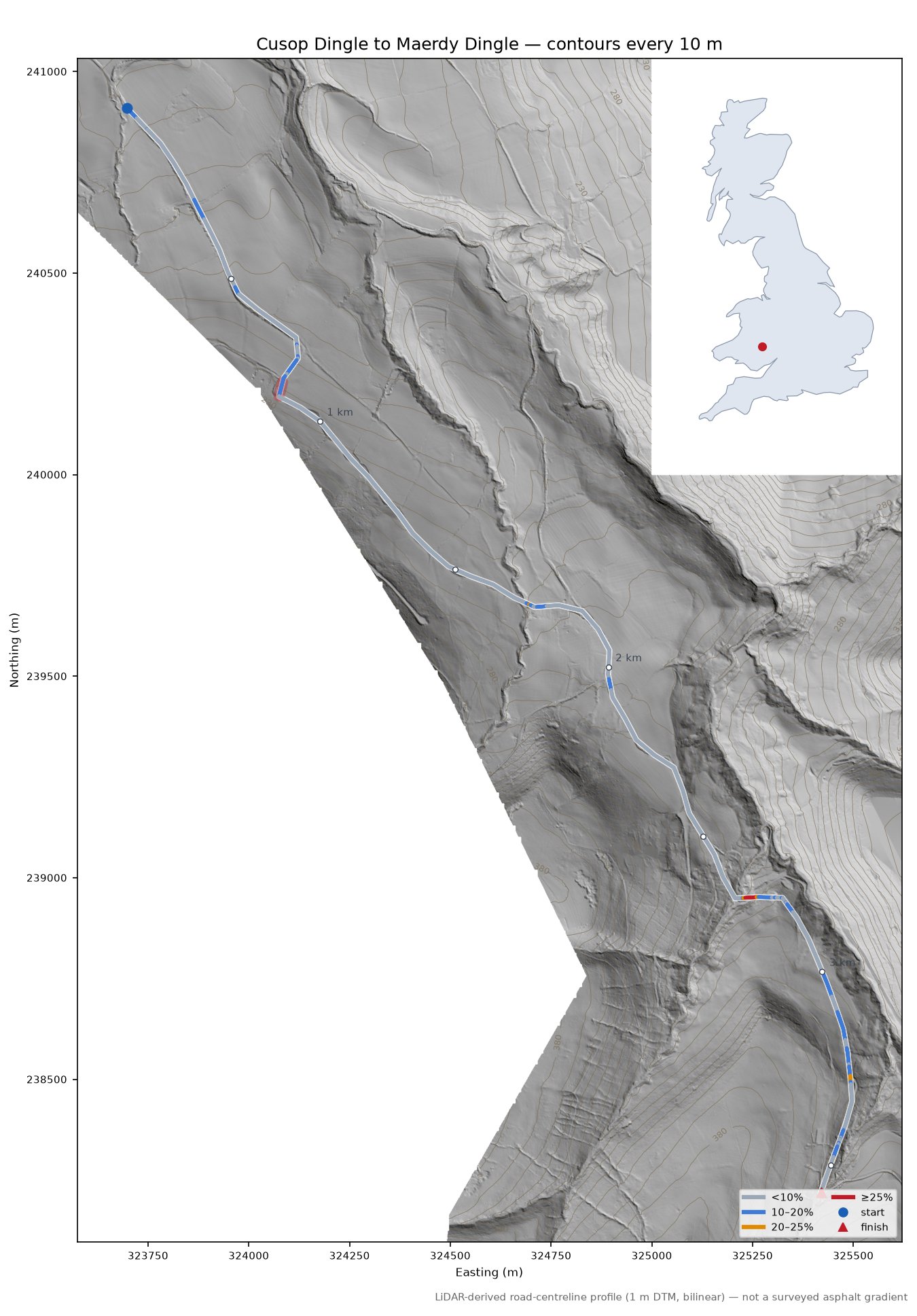 Cusop Dingle to Maerdy Dingle LiDAR hillshade map with contours