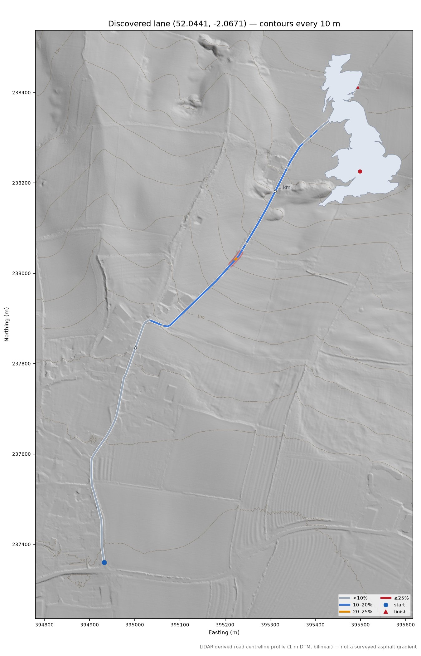 Discovered lane (52.0441, -2.0671) LiDAR hillshade map with contours