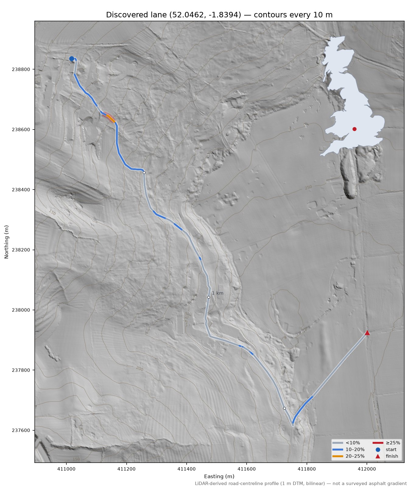 Discovered lane (52.0462, -1.8394) LiDAR hillshade map with contours