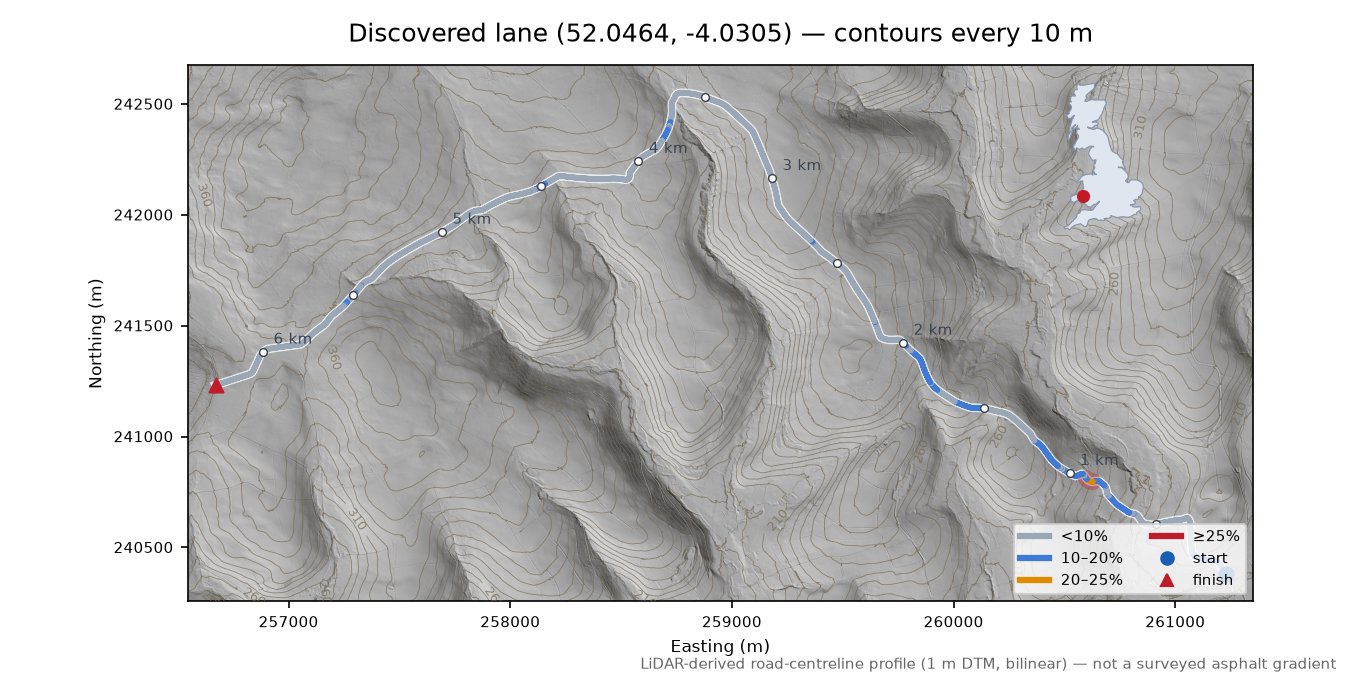 Discovered lane (52.0464, -4.0305) LiDAR hillshade map with contours