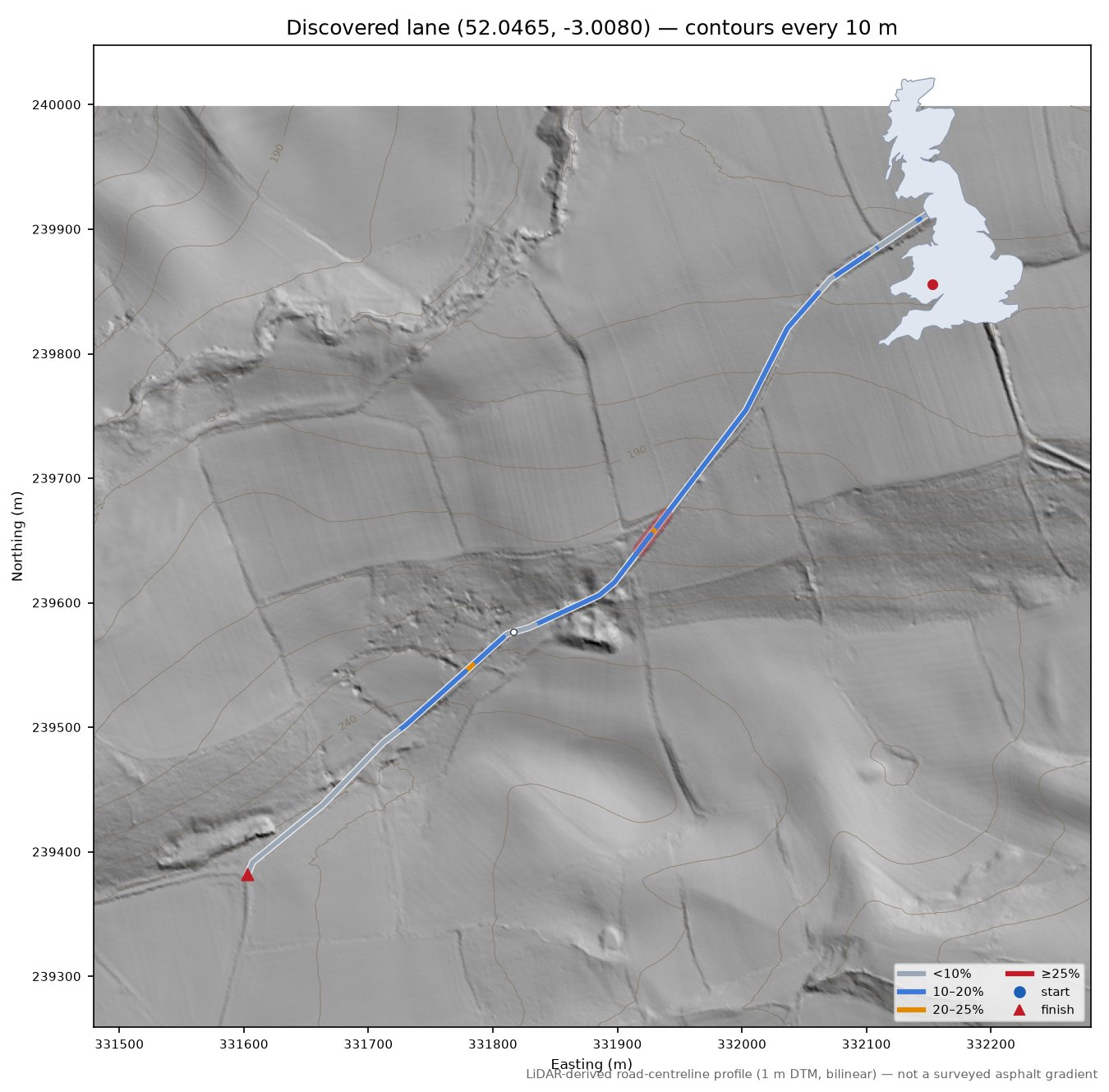 Discovered lane (52.0465, -3.0080) LiDAR hillshade map with contours