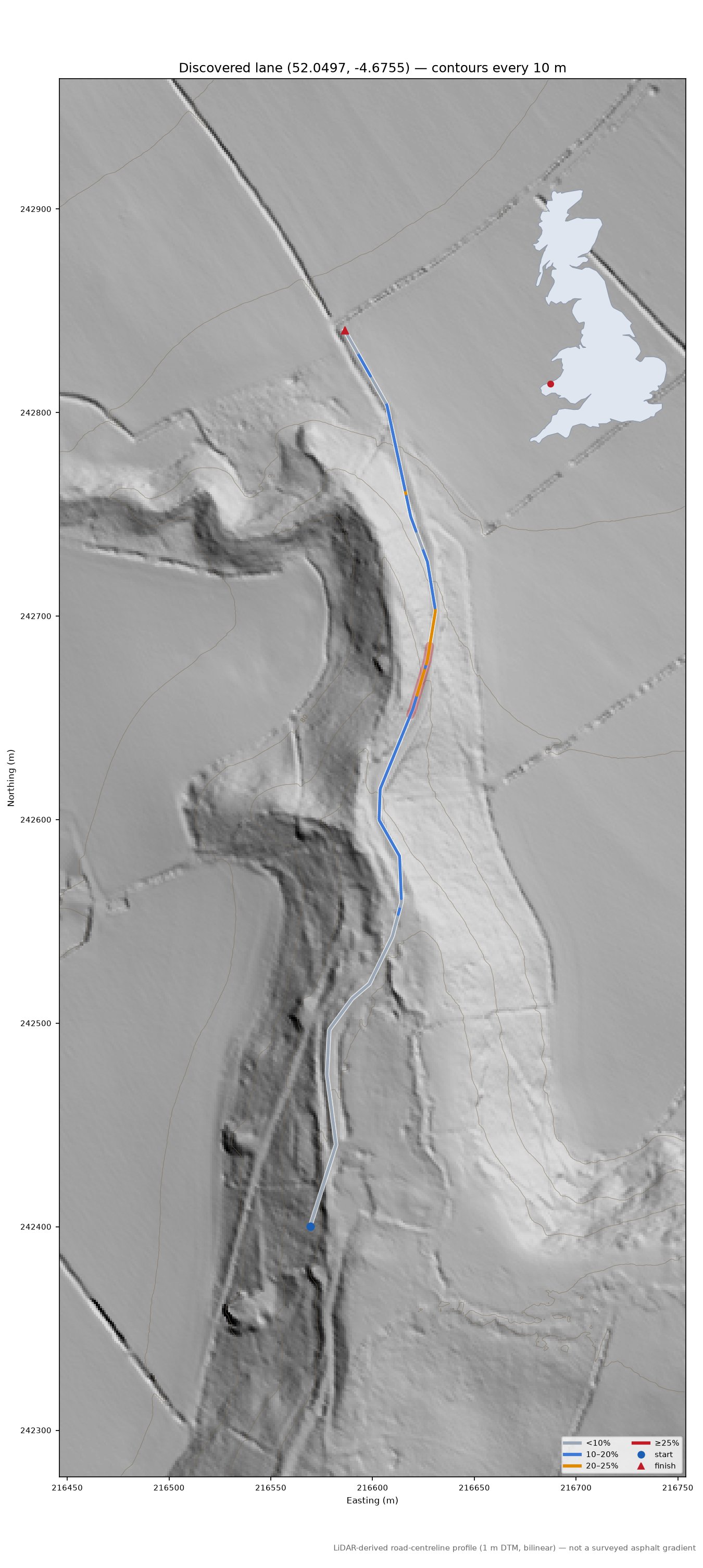 Discovered lane (52.0497, -4.6755) LiDAR hillshade map with contours