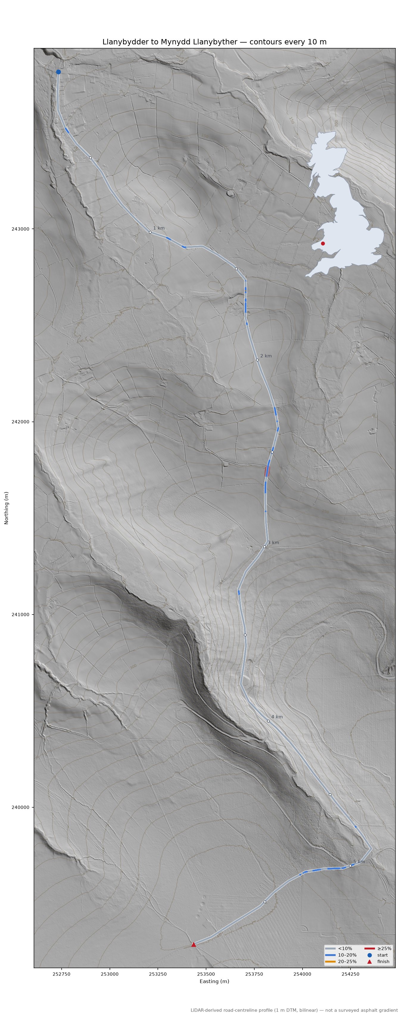 Llanybydder to Mynydd Llanybyther LiDAR hillshade map with contours