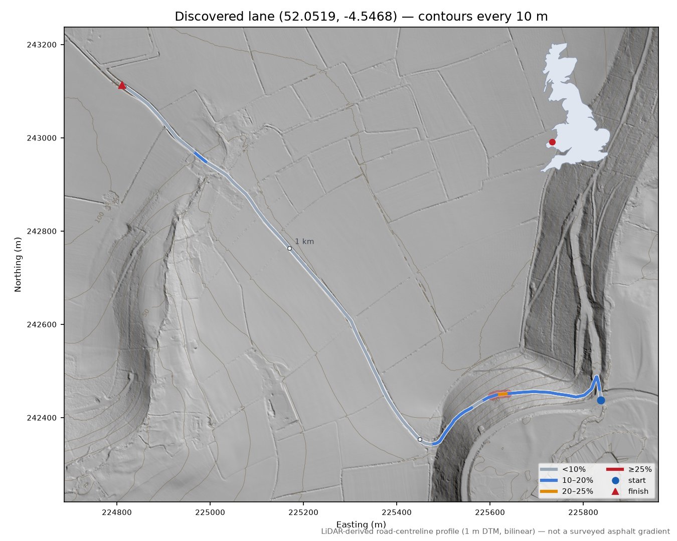 Discovered lane (52.0519, -4.5468) LiDAR hillshade map with contours