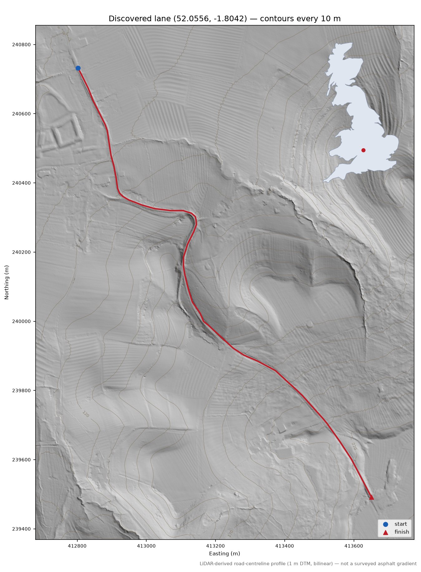 Dover's Hill LiDAR hillshade map with contours