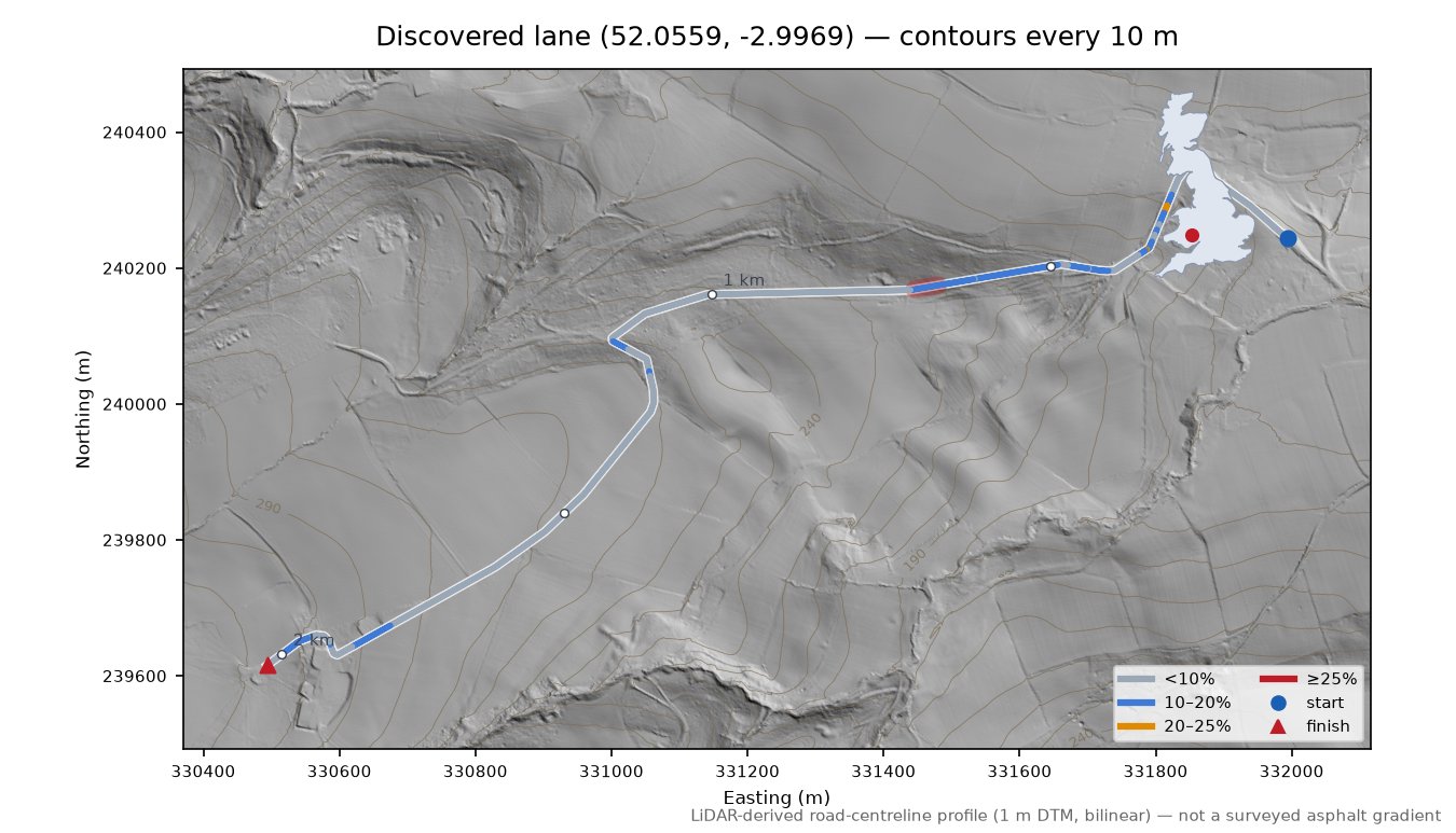Discovered lane (52.0559, -2.9969) LiDAR hillshade map with contours