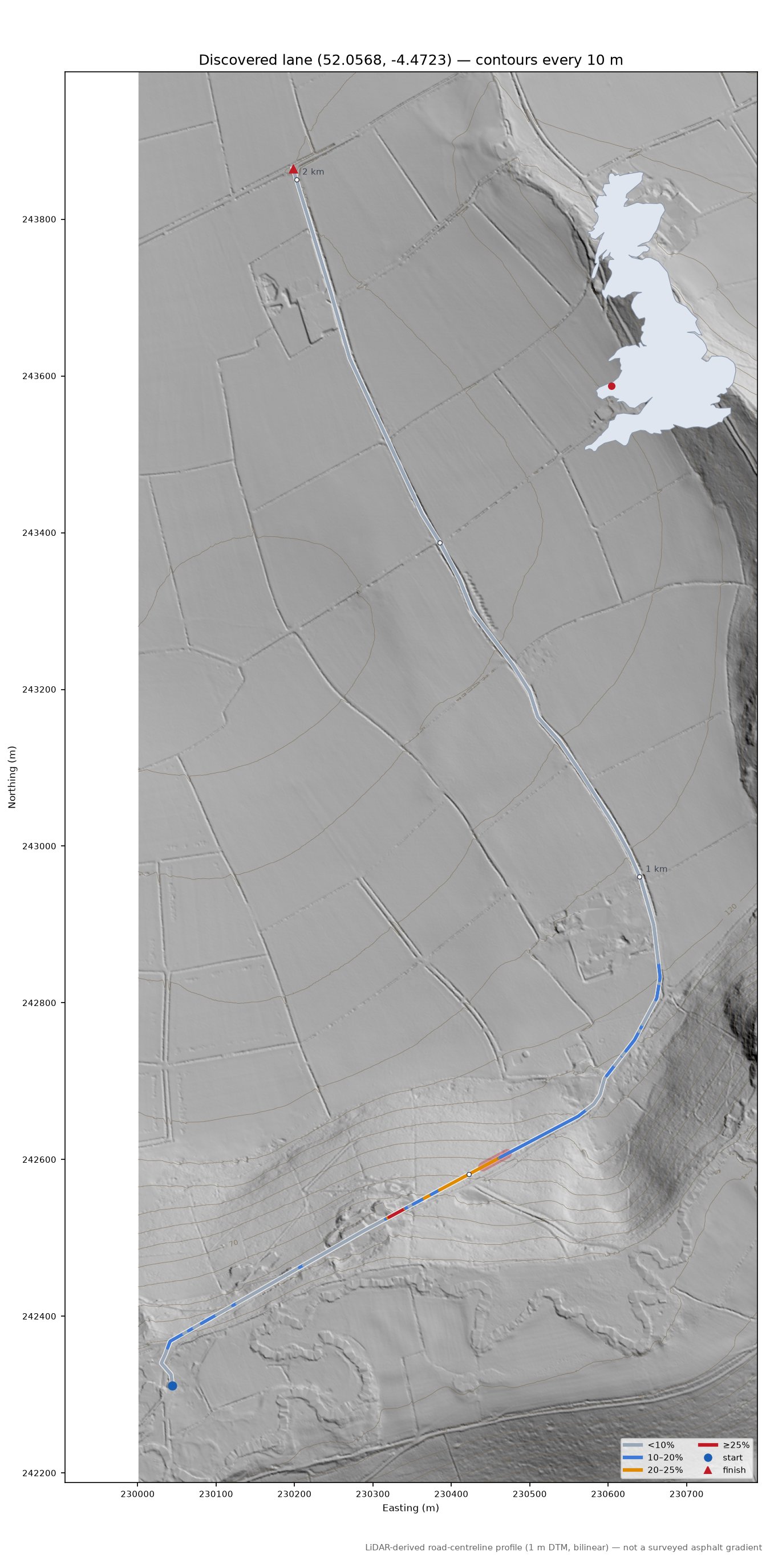 Discovered lane (52.0568, -4.4723) LiDAR hillshade map with contours