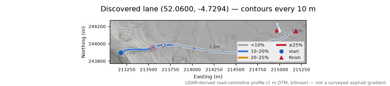 Discovered lane (52.0600, -4.7294) LiDAR hillshade map with contours