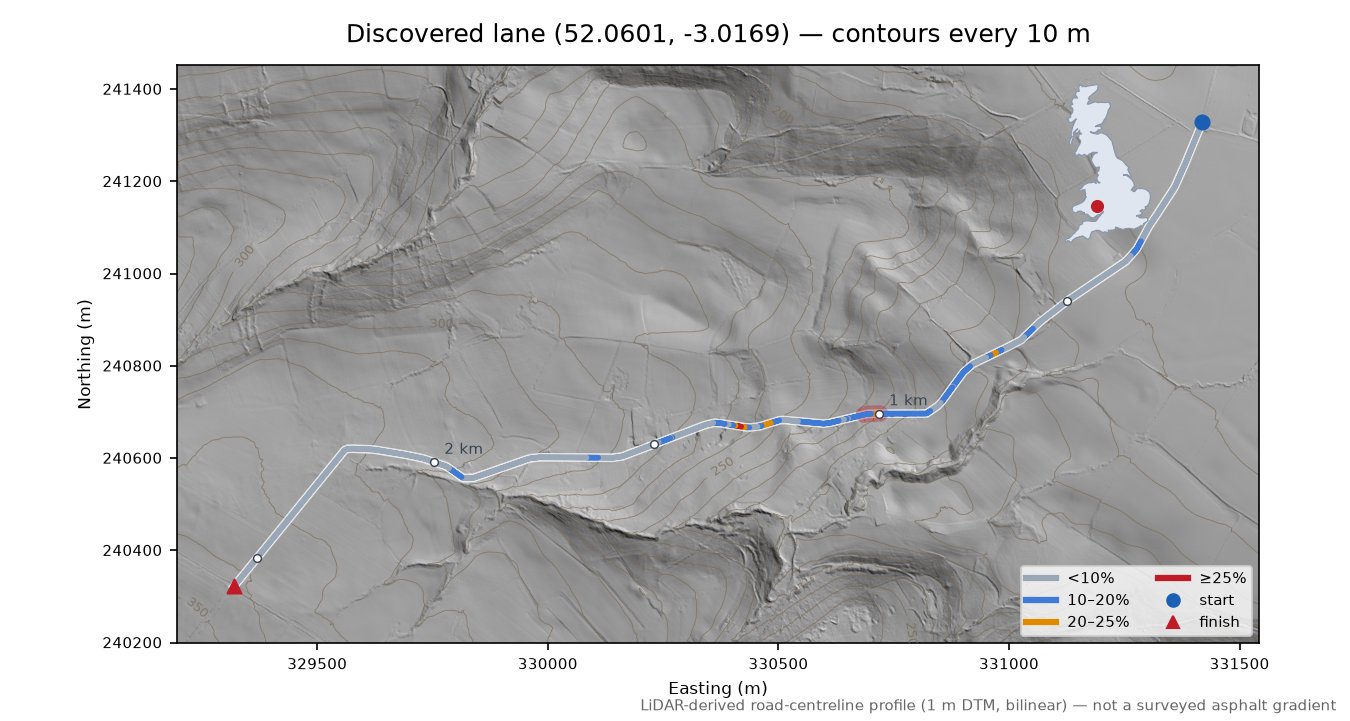 Discovered lane (52.0601, -3.0169) LiDAR hillshade map with contours