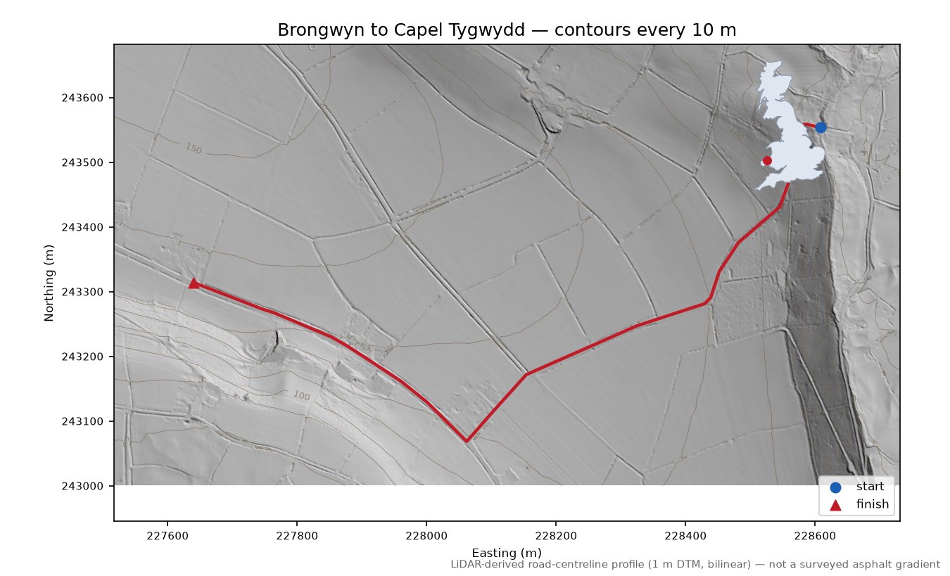 Brongwyn to Capel Tygwydd LiDAR hillshade map with contours
