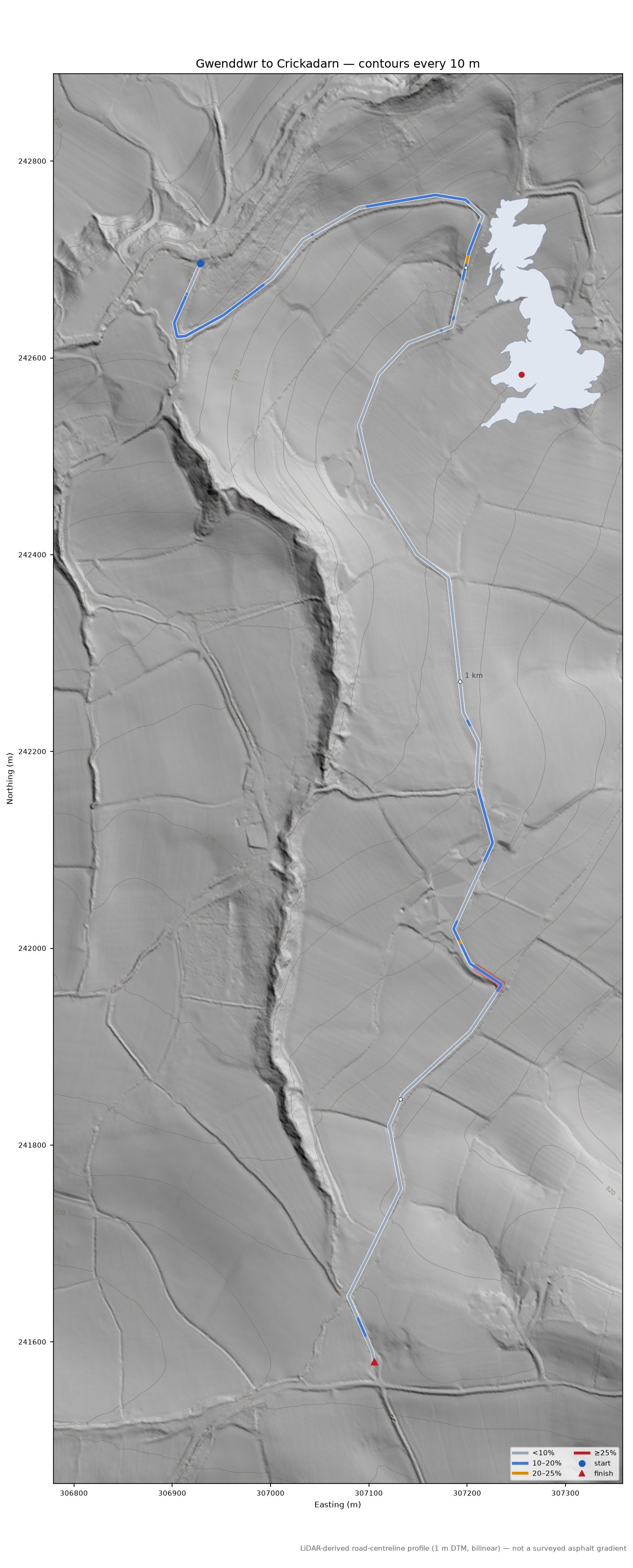 Gwenddwr to Crickadarn LiDAR hillshade map with contours