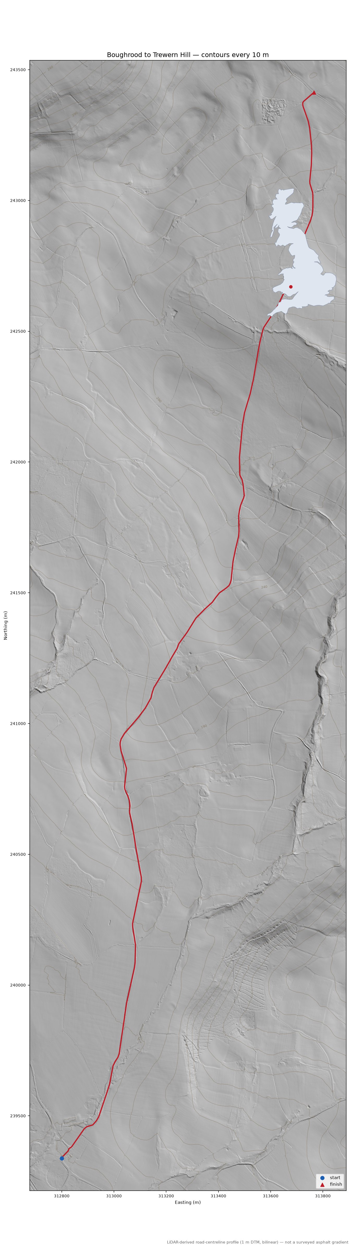 Boughrood to Trewern Hill LiDAR hillshade map with contours