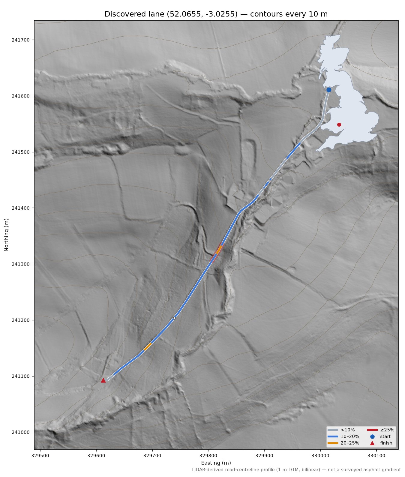Discovered lane (52.0655, -3.0255) LiDAR hillshade map with contours