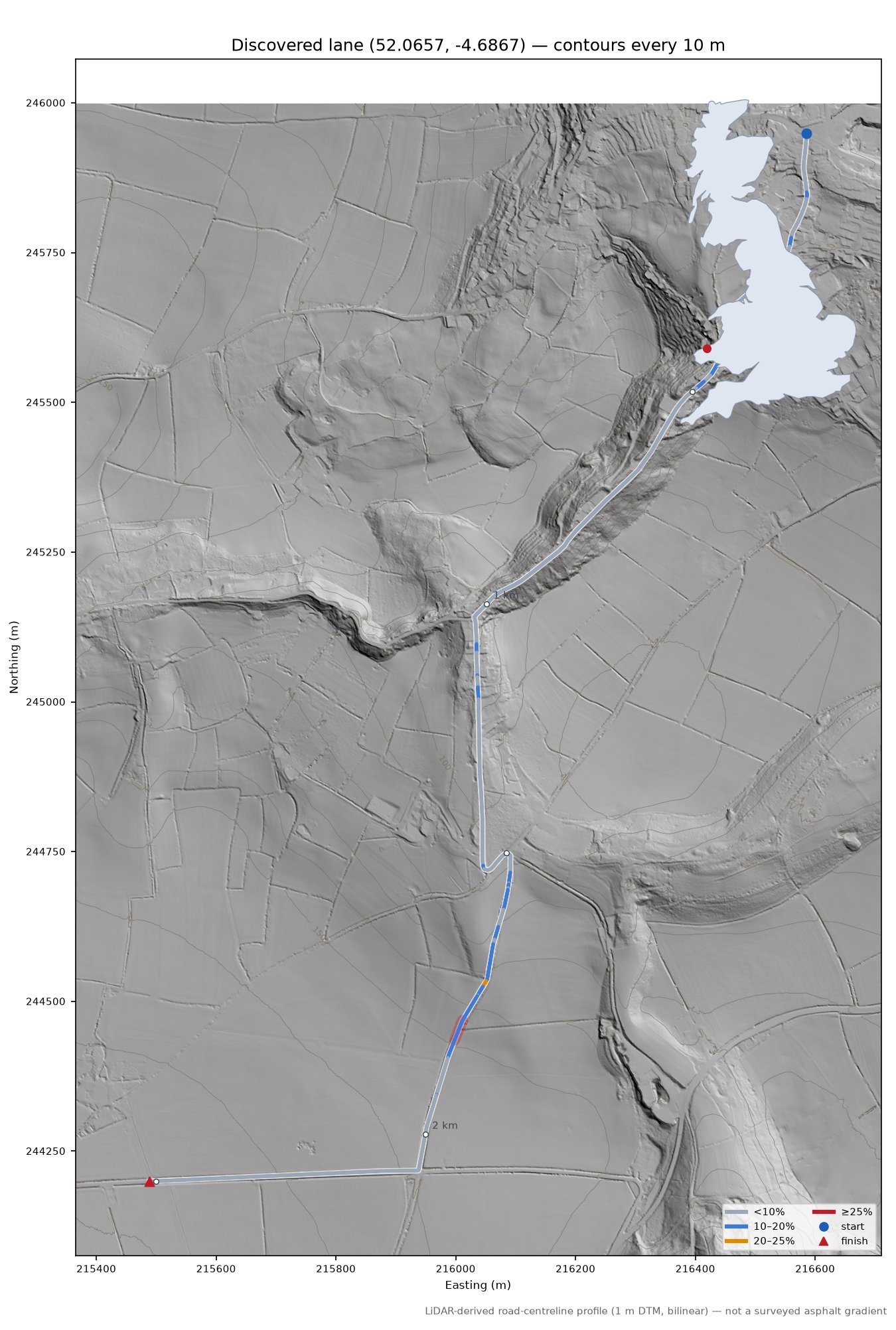 Discovered lane (52.0657, -4.6867) LiDAR hillshade map with contours