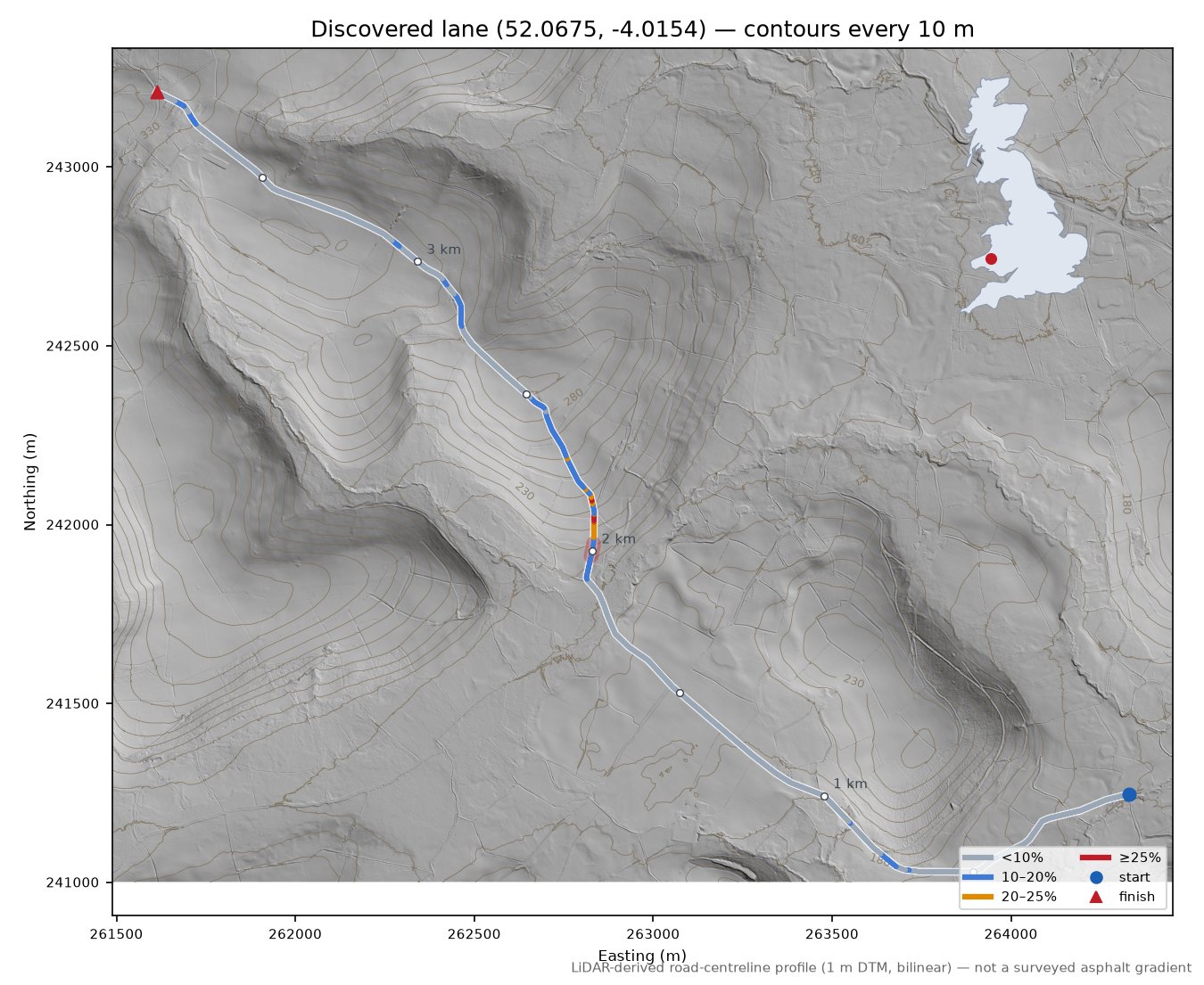 Discovered lane (52.0675, -4.0154) LiDAR hillshade map with contours