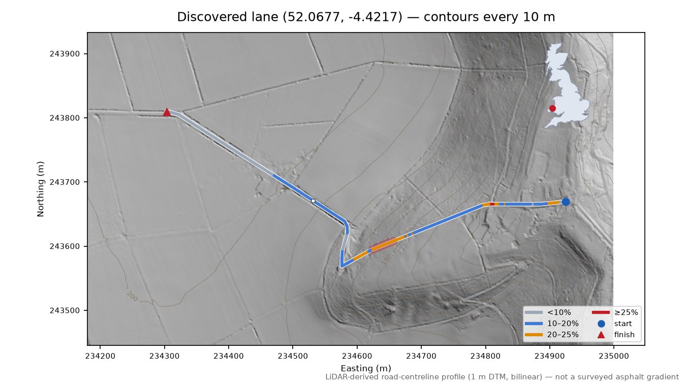 Discovered lane (52.0677, -4.4217) LiDAR hillshade map with contours