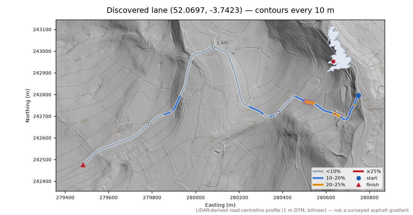 Discovered lane (52.0697, -3.7423) LiDAR hillshade map with contours