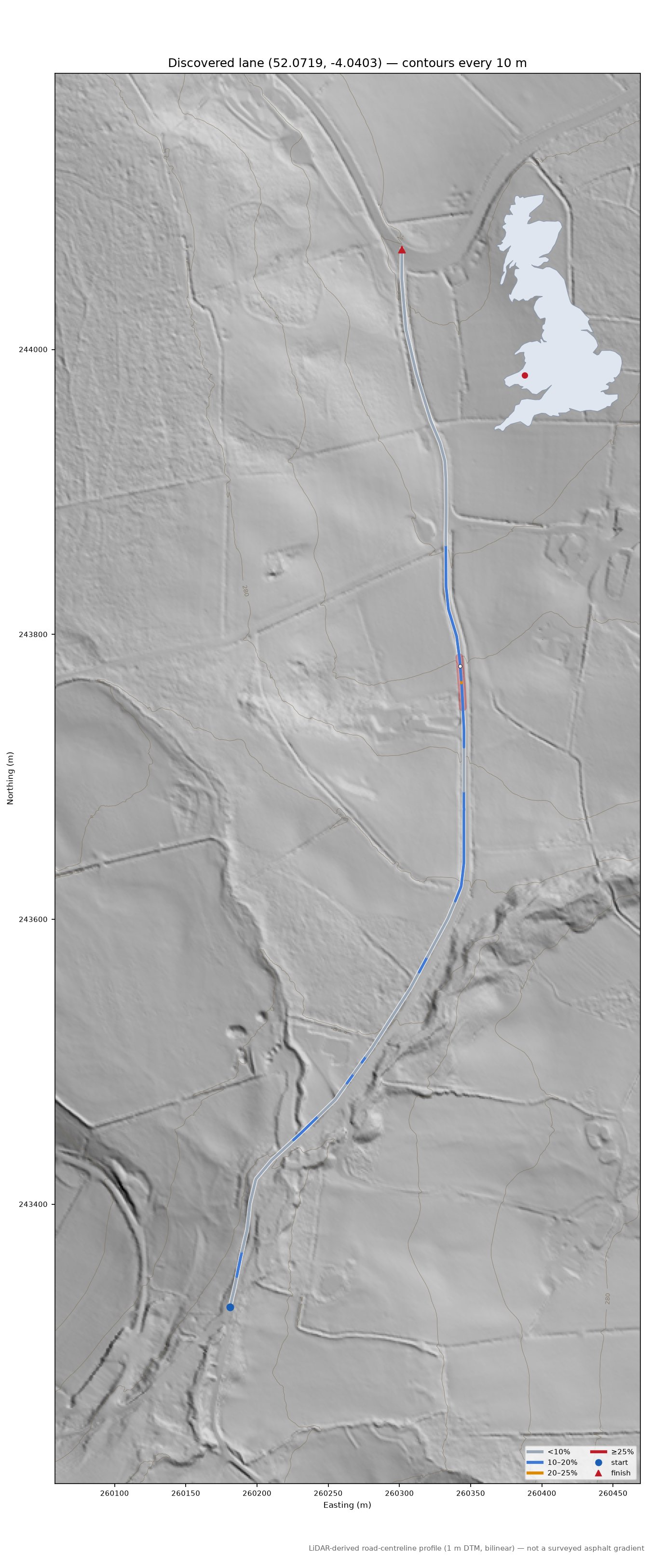 Discovered lane (52.0719, -4.0403) LiDAR hillshade map with contours