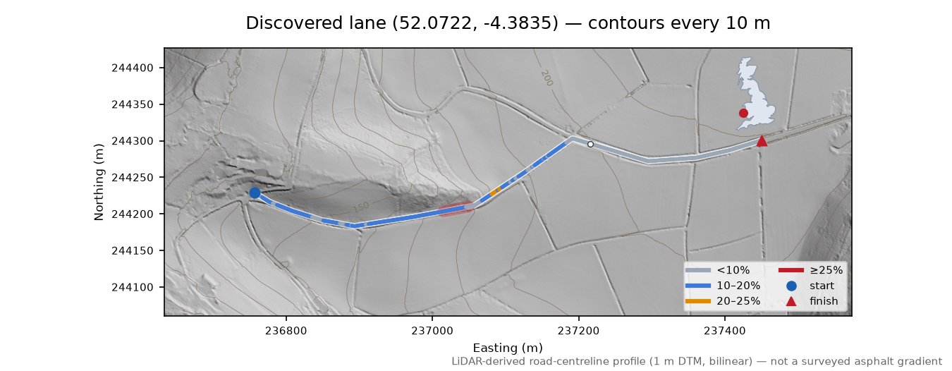 Discovered lane (52.0722, -4.3835) LiDAR hillshade map with contours