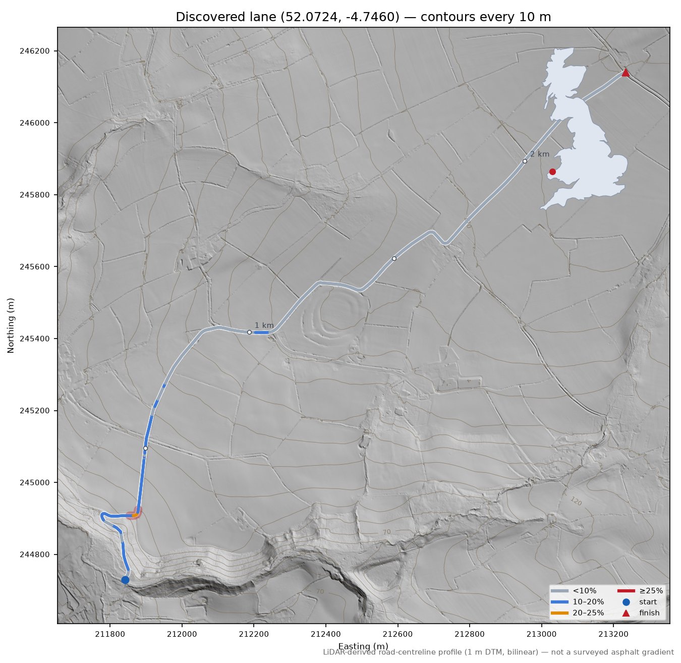Discovered lane (52.0724, -4.7460) LiDAR hillshade map with contours