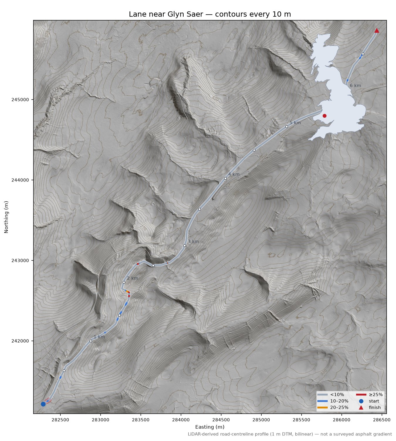 Lane near Glyn Saer LiDAR hillshade map with contours