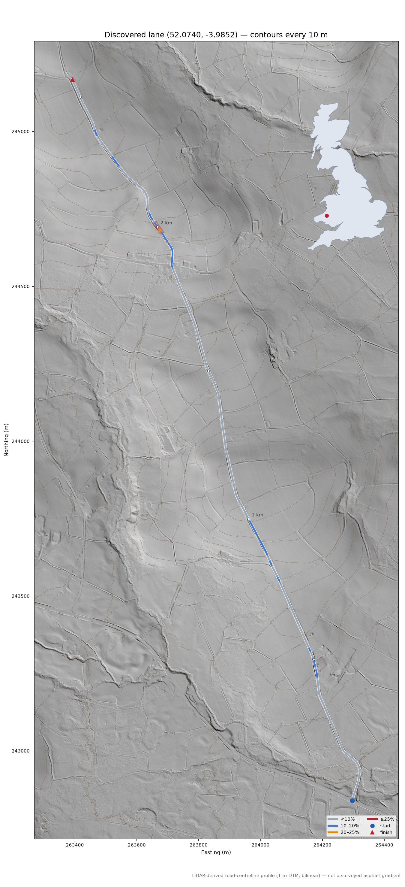 Discovered lane (52.0740, -3.9852) LiDAR hillshade map with contours