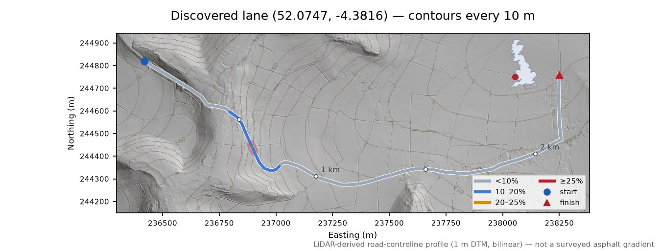 Discovered lane (52.0747, -4.3816) LiDAR hillshade map with contours