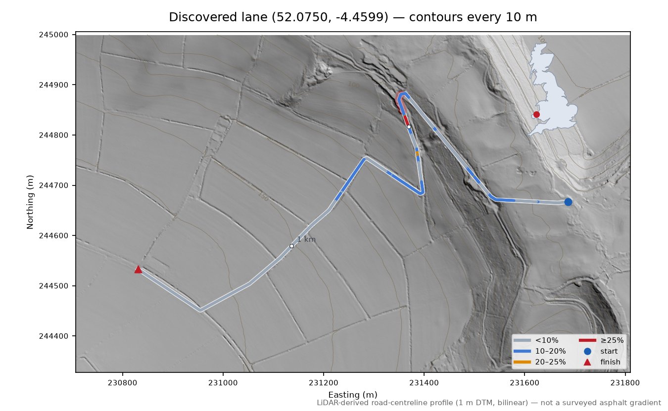 Discovered lane (52.0750, -4.4599) LiDAR hillshade map with contours