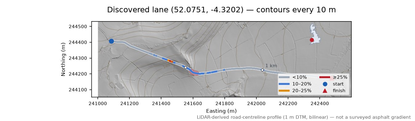 Discovered lane (52.0751, -4.3202) LiDAR hillshade map with contours