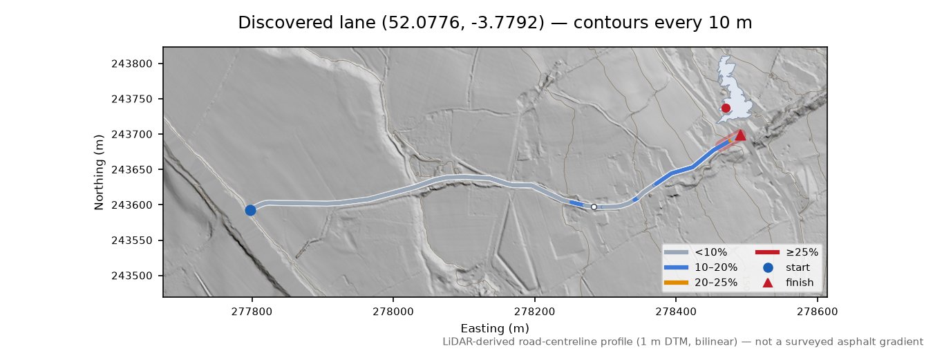 Discovered lane (52.0776, -3.7792) LiDAR hillshade map with contours
