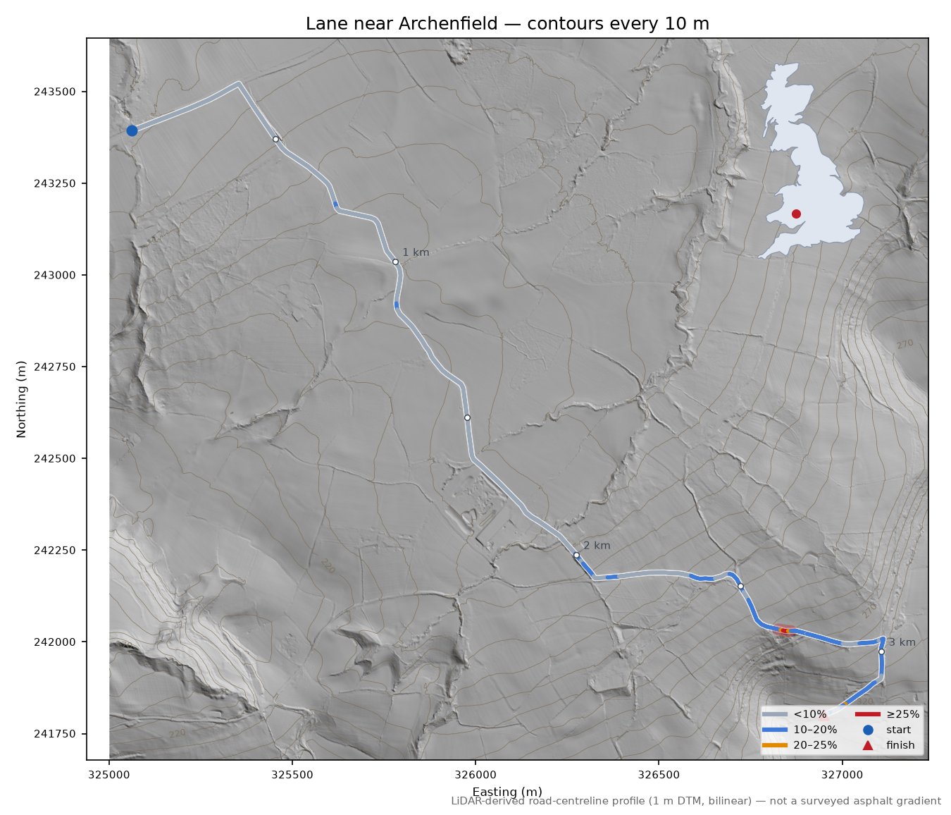 Lane near Archenfield LiDAR hillshade map with contours