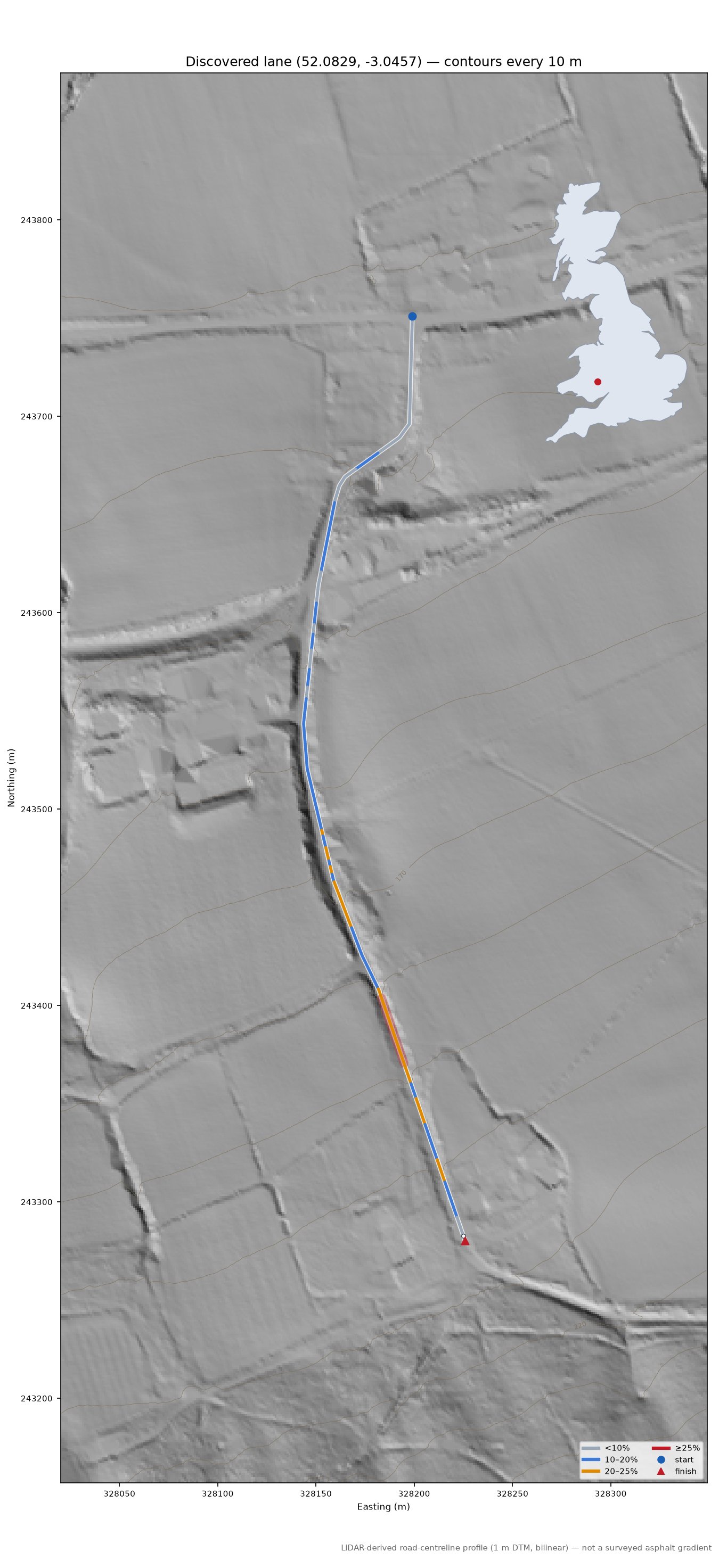 Discovered lane (52.0829, -3.0457) LiDAR hillshade map with contours