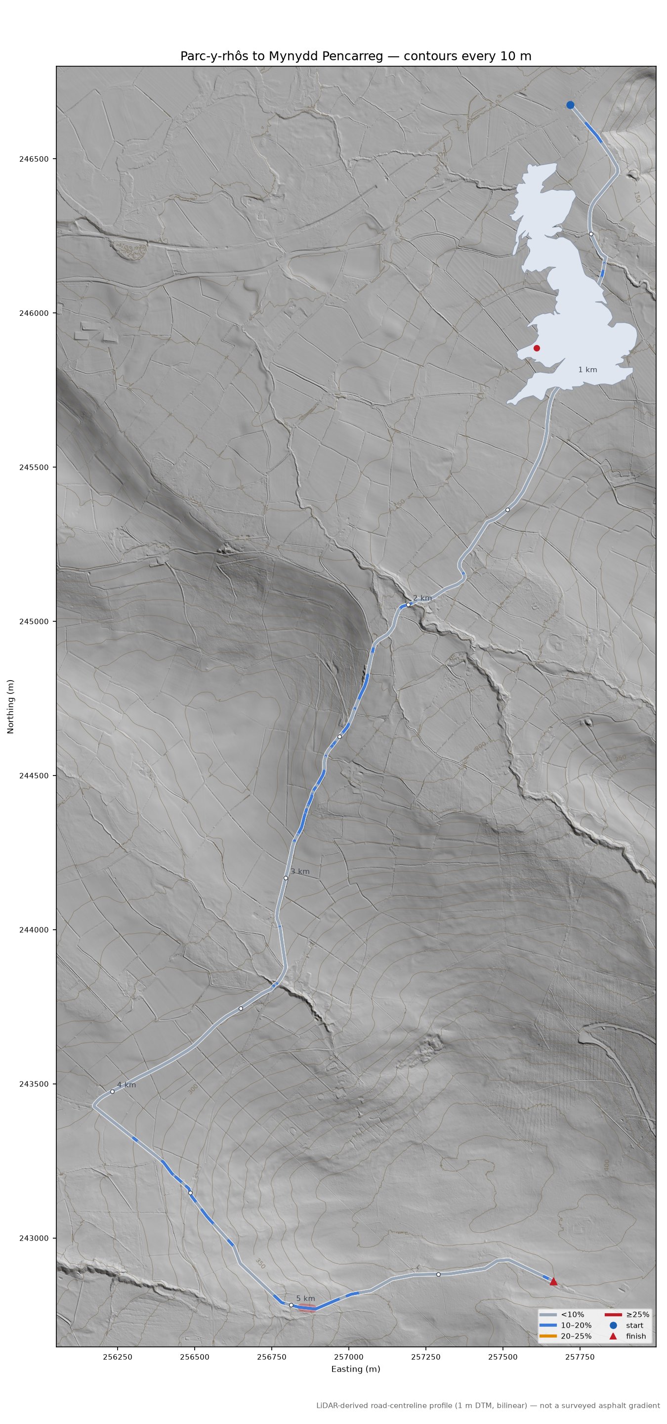 Parc-y-rhôs to Mynydd Pencarreg LiDAR hillshade map with contours