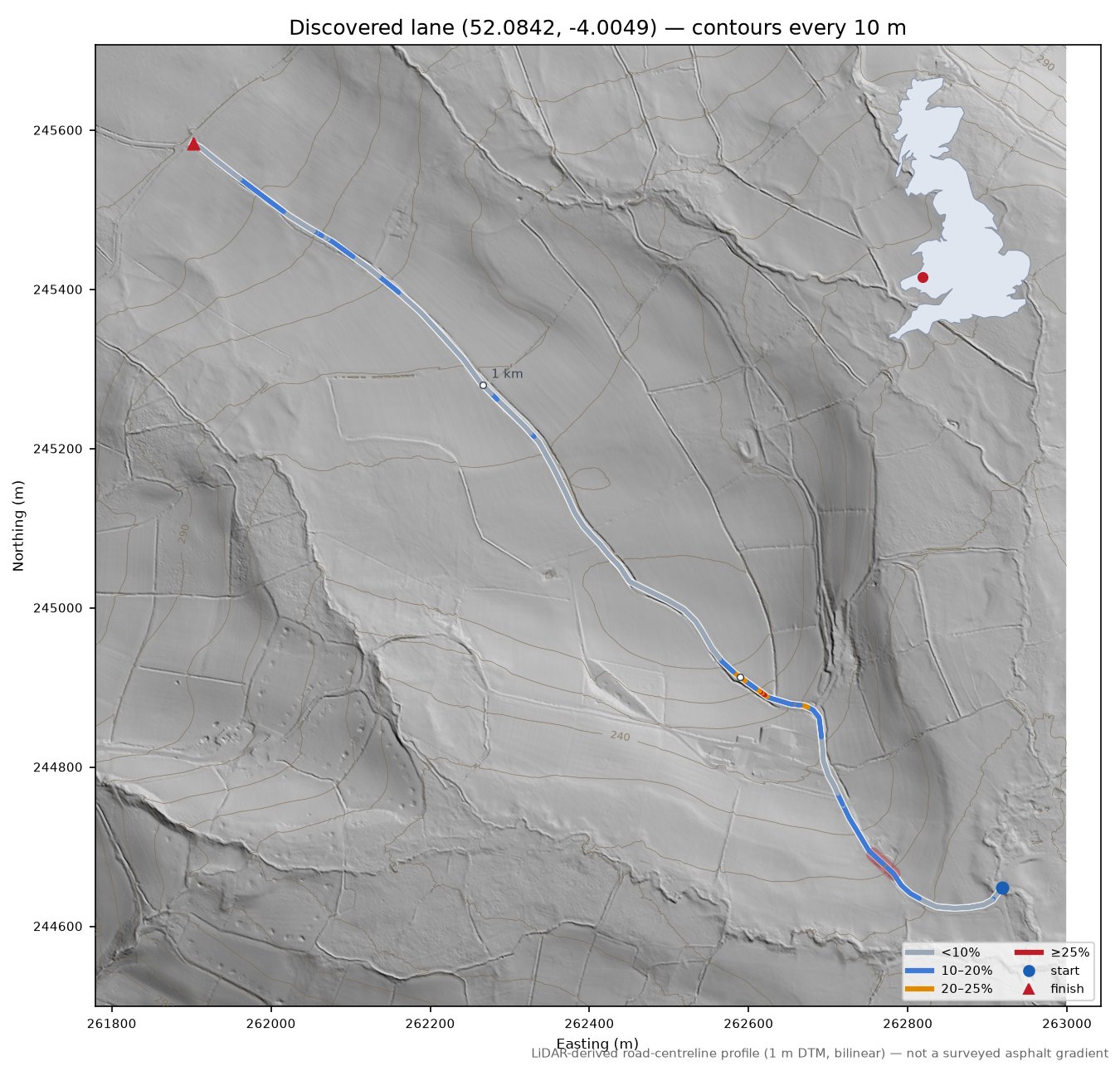 Discovered lane (52.0842, -4.0049) LiDAR hillshade map with contours