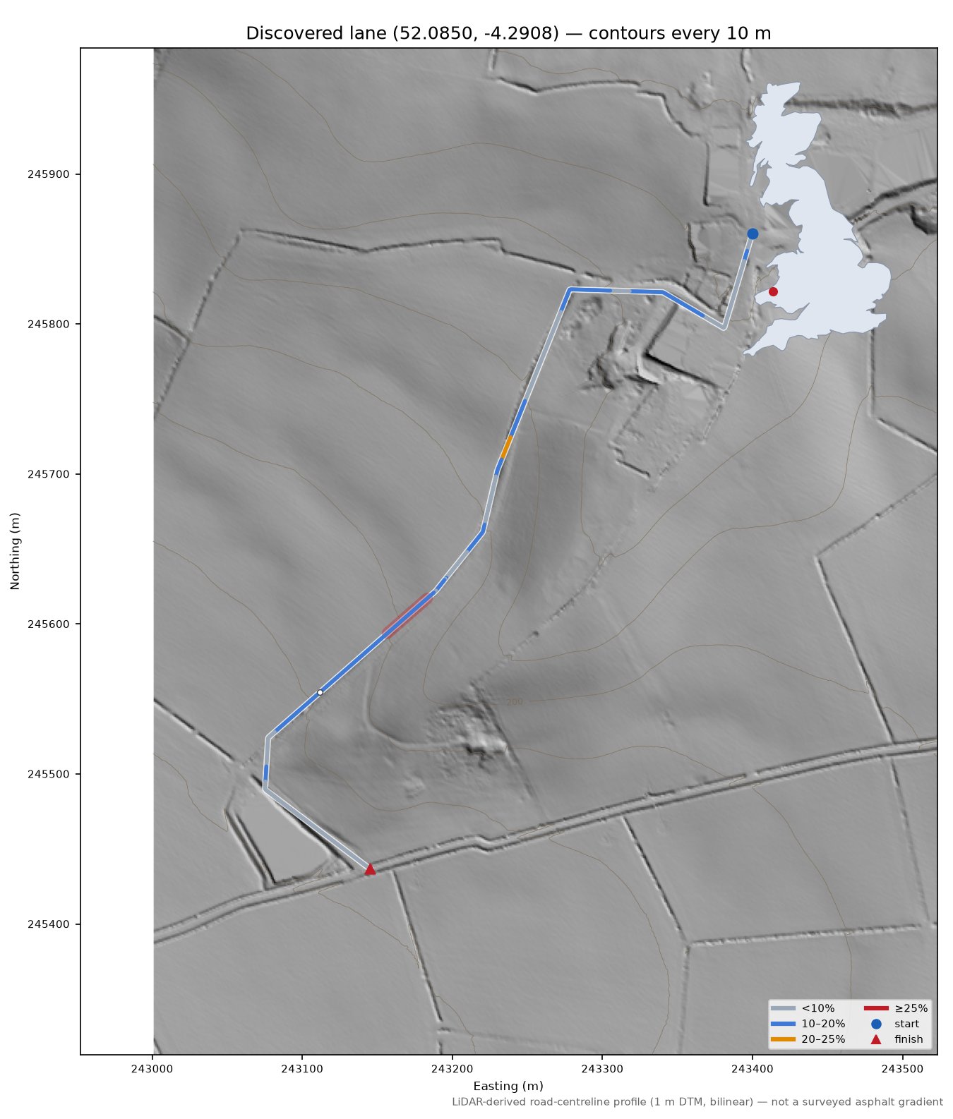 Discovered lane (52.0850, -4.2908) LiDAR hillshade map with contours