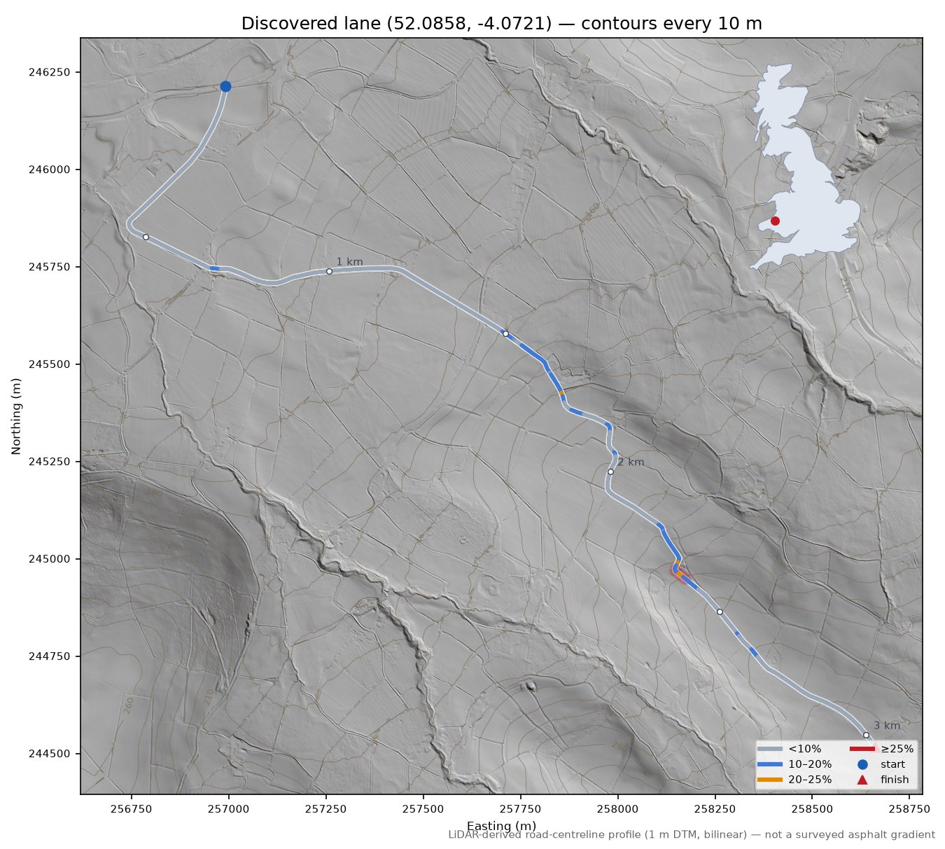 Discovered lane (52.0858, -4.0721) LiDAR hillshade map with contours