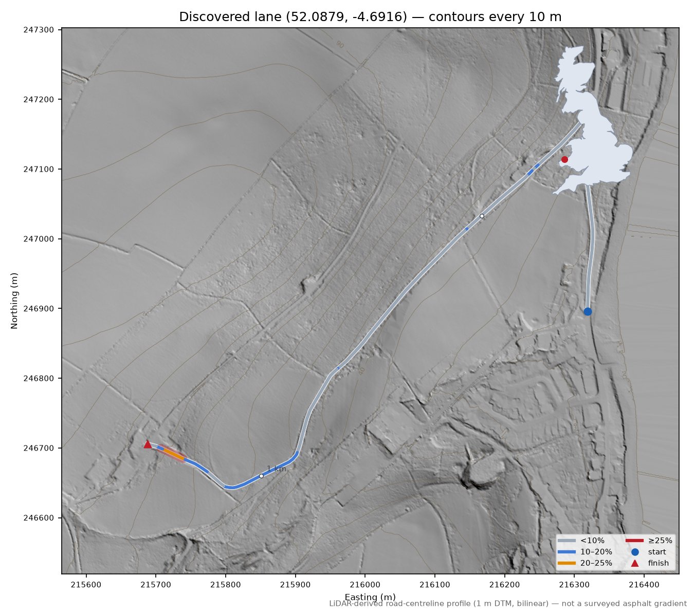 Discovered lane (52.0879, -4.6916) LiDAR hillshade map with contours