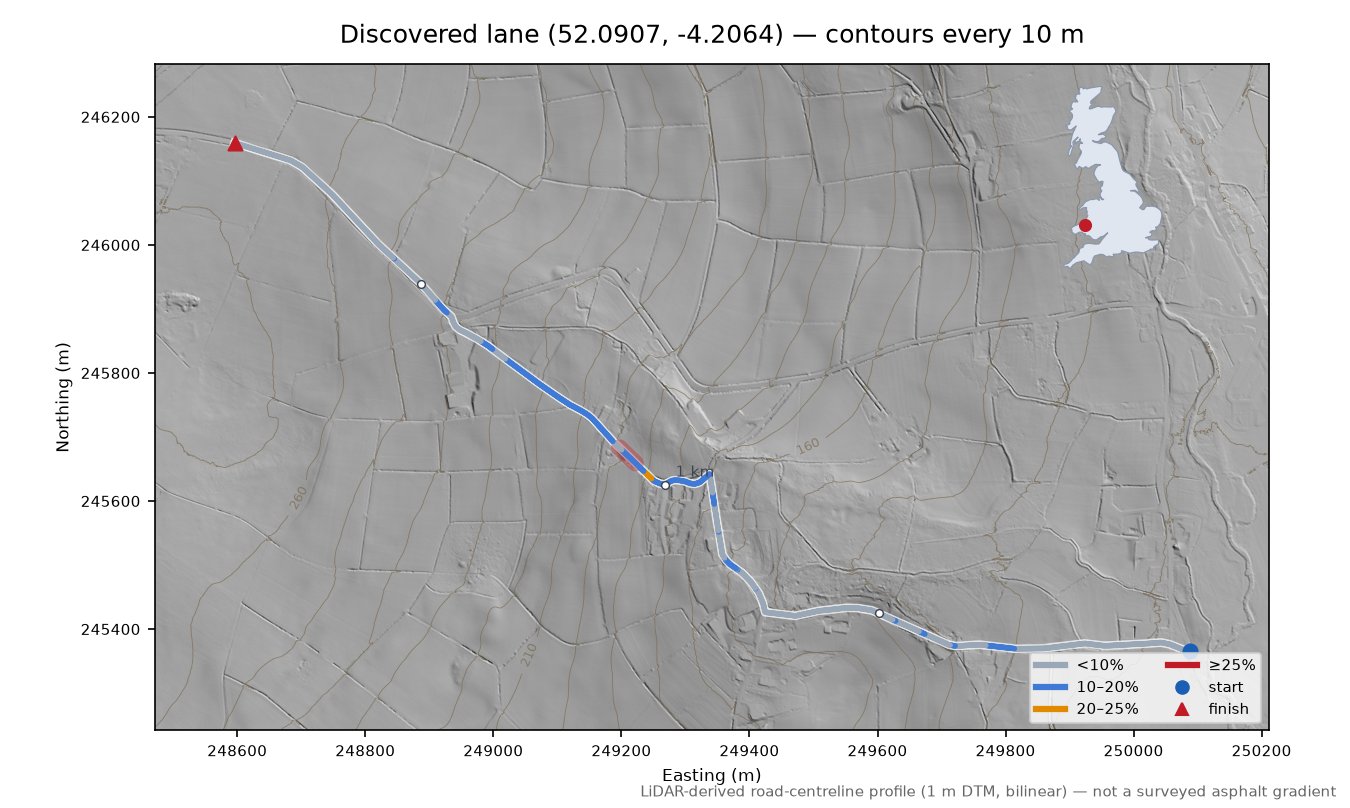 Discovered lane (52.0907, -4.2064) LiDAR hillshade map with contours