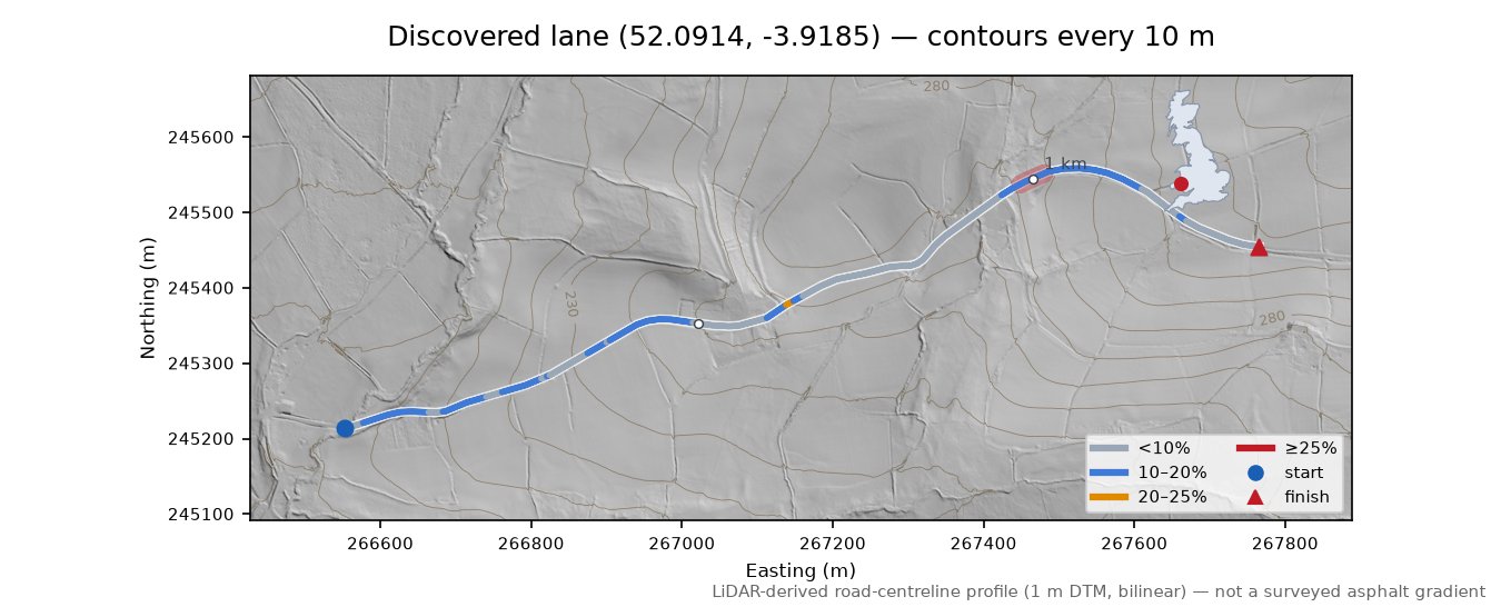 Discovered lane (52.0914, -3.9185) LiDAR hillshade map with contours