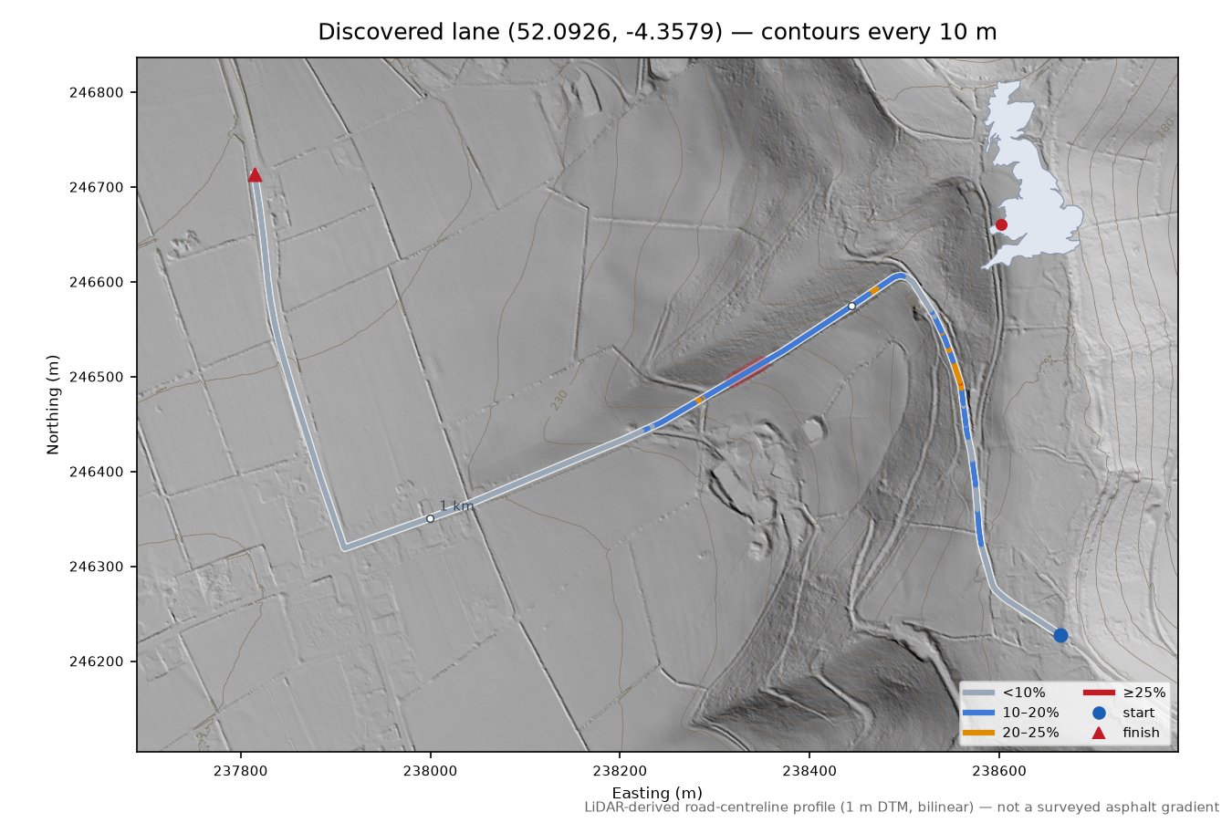 Discovered lane (52.0926, -4.3579) LiDAR hillshade map with contours