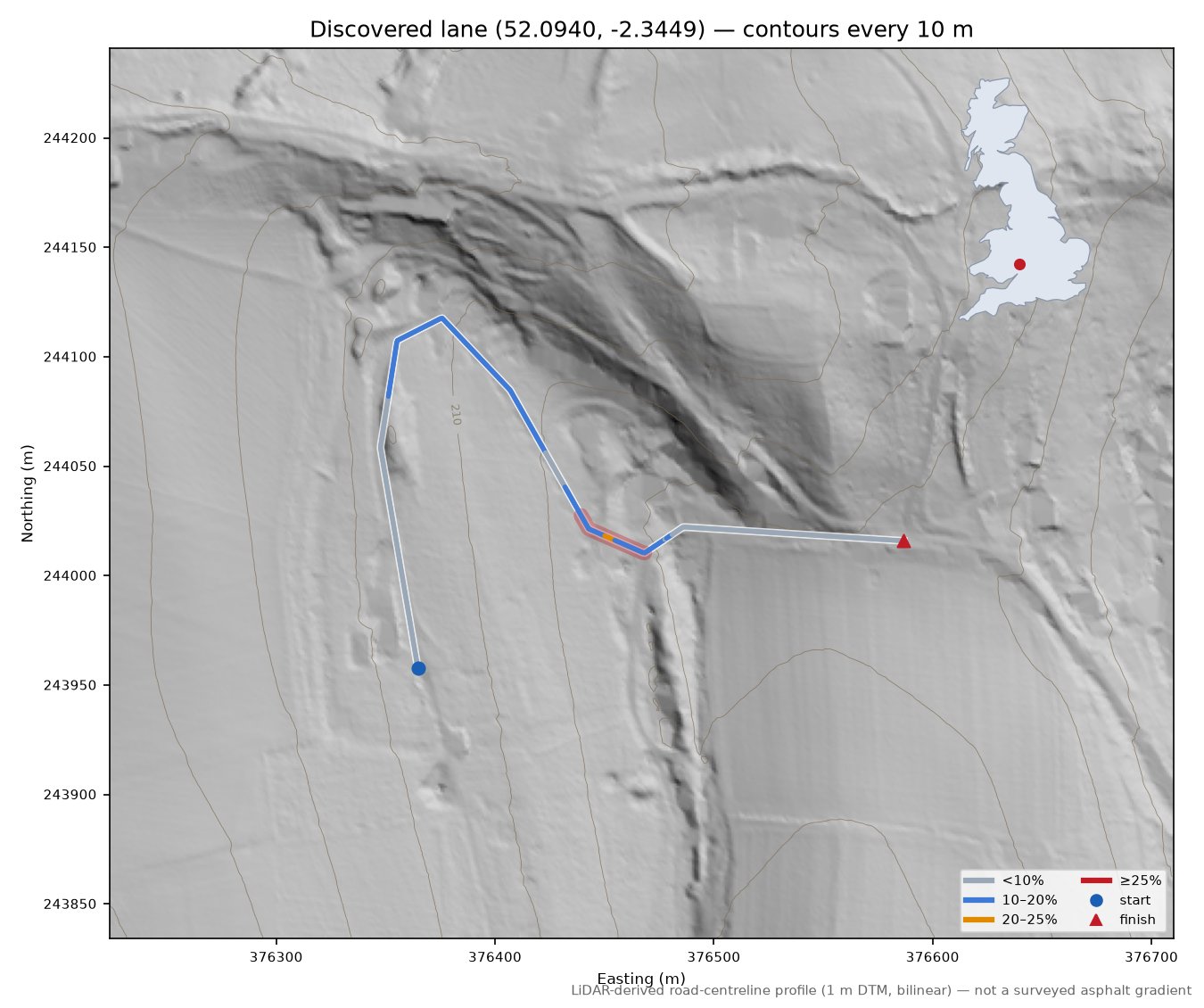 Discovered lane (52.0940, -2.3449) LiDAR hillshade map with contours