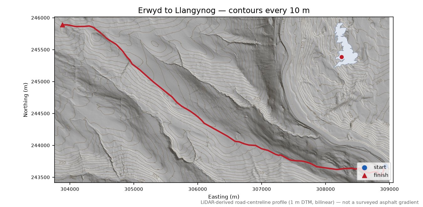 Erwyd to Llangynog LiDAR hillshade map with contours