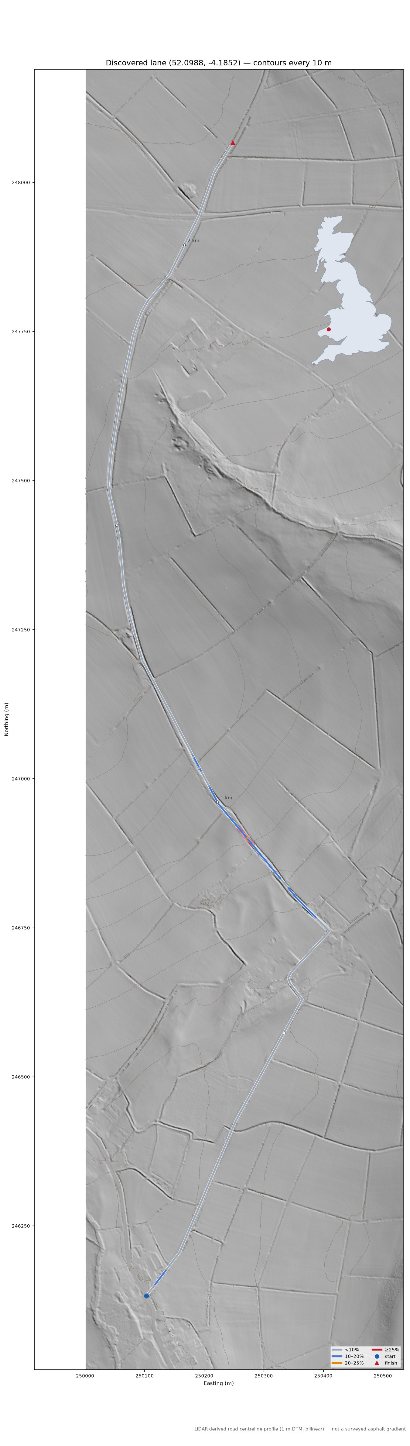 Discovered lane (52.0988, -4.1852) LiDAR hillshade map with contours