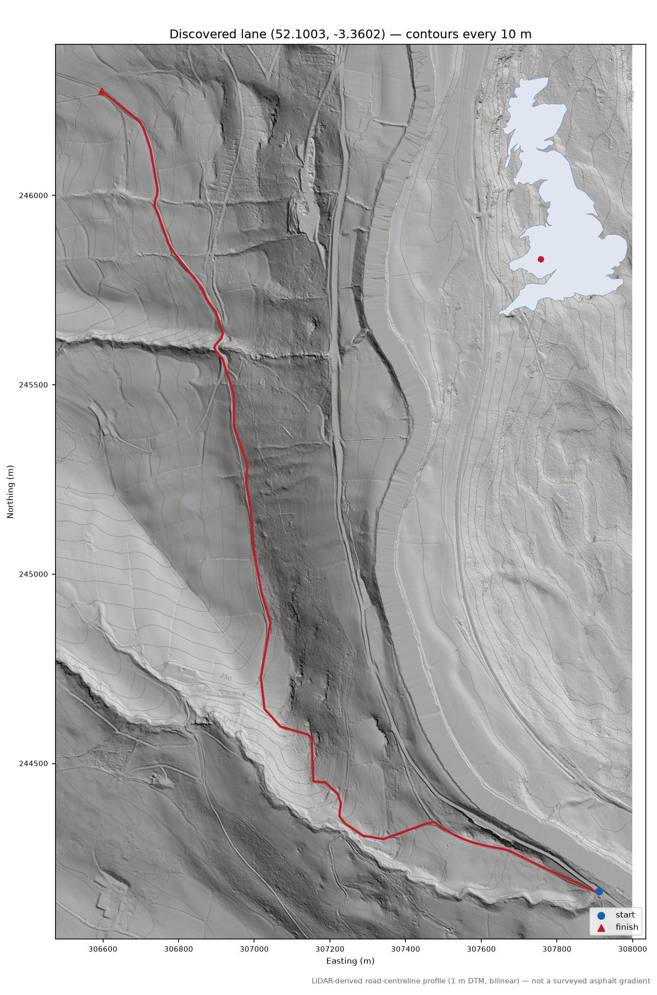Discovered lane (52.1003, -3.3602) LiDAR hillshade map with contours