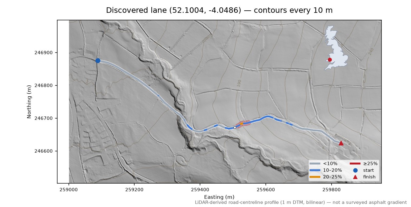 Discovered lane (52.1004, -4.0486) LiDAR hillshade map with contours