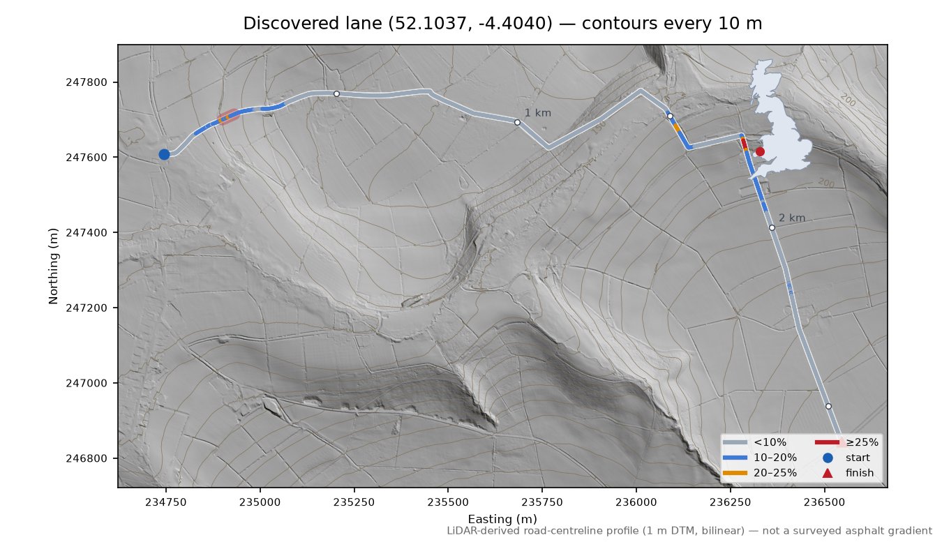 Discovered lane (52.1037, -4.4040) LiDAR hillshade map with contours