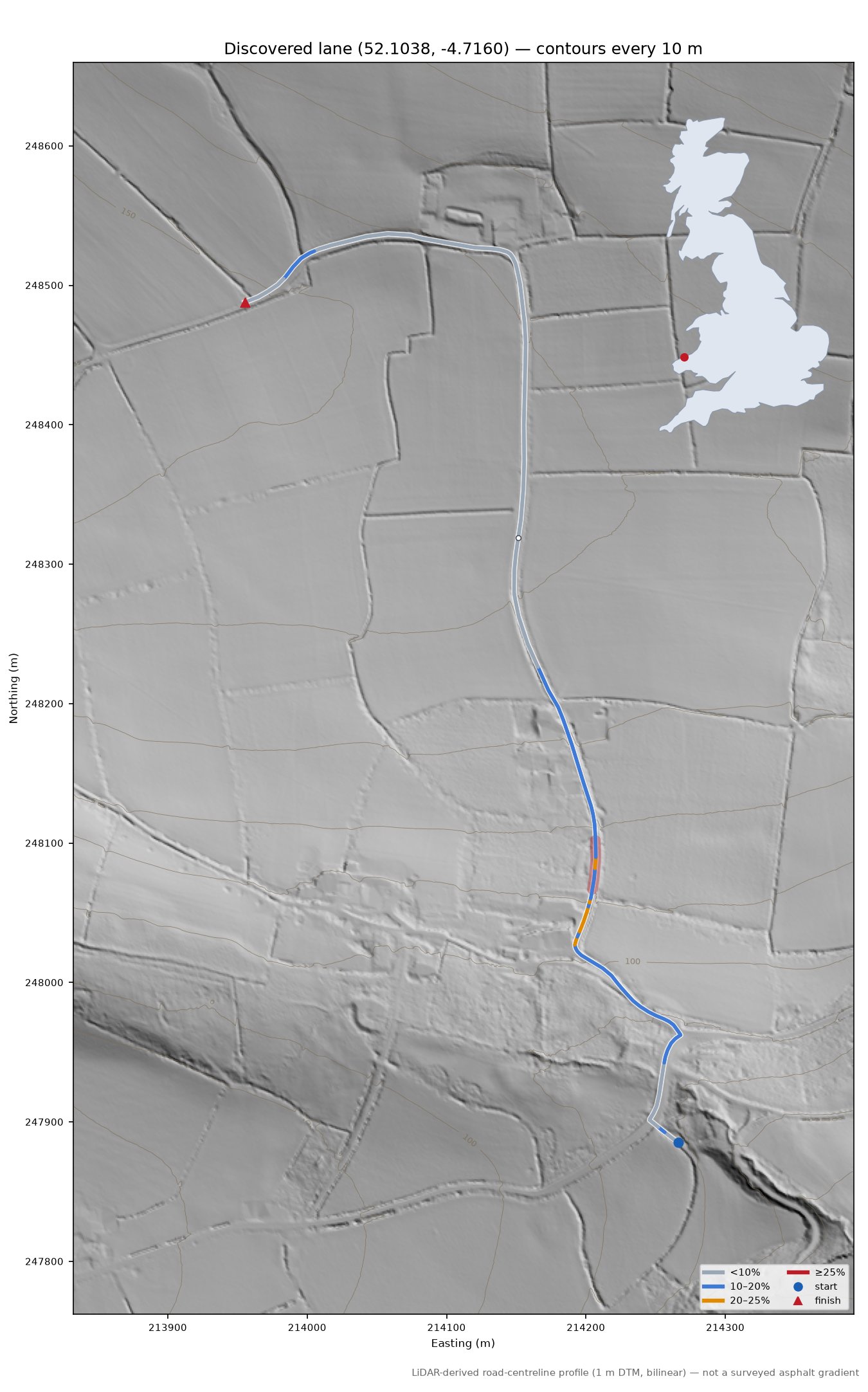 Discovered lane (52.1038, -4.7160) LiDAR hillshade map with contours