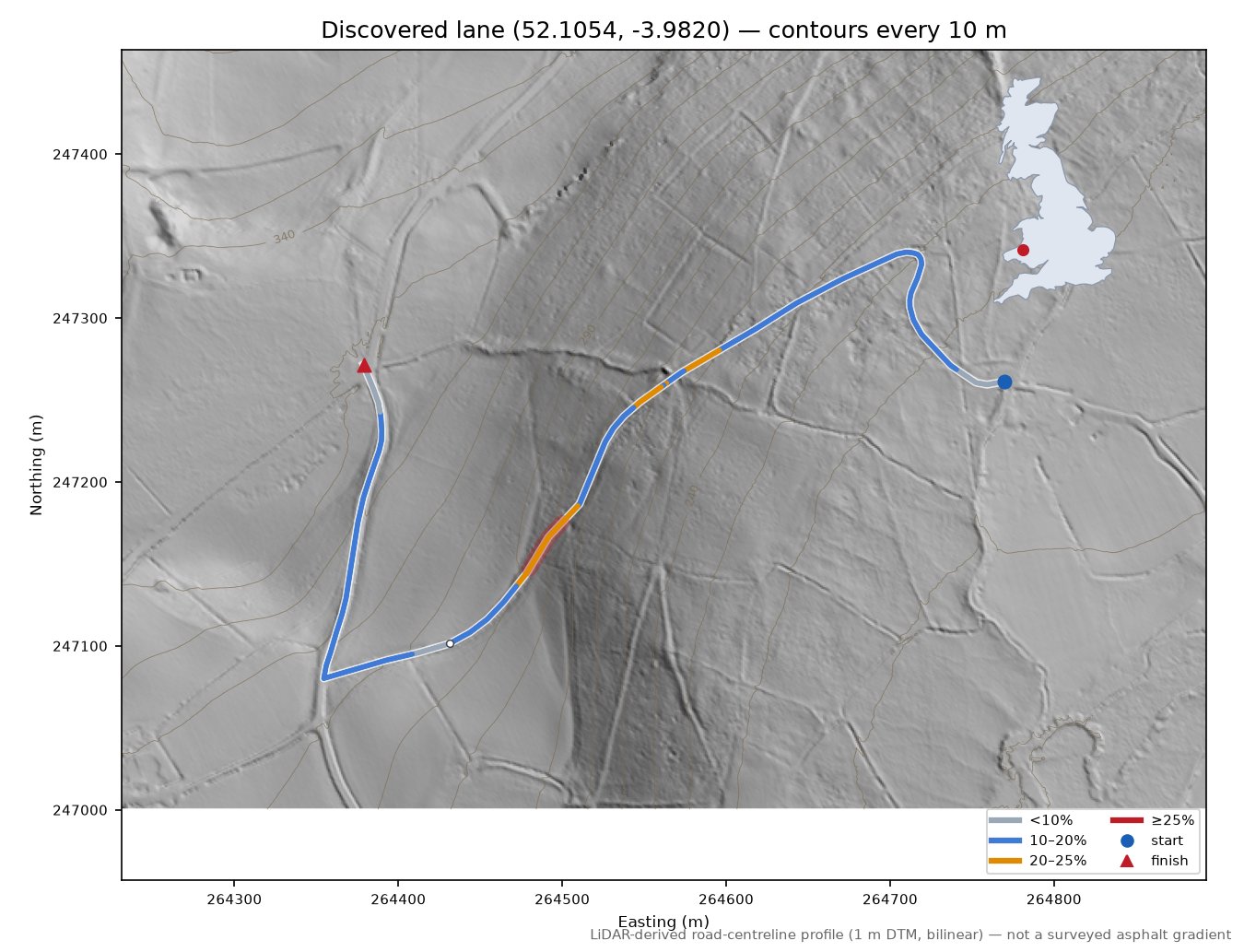Discovered lane (52.1054, -3.9820) LiDAR hillshade map with contours